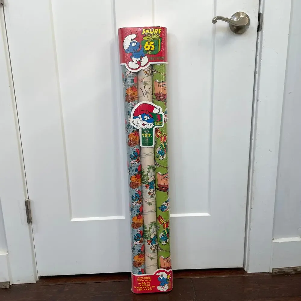 Vintage Smurf Gift Wrapping Paper 1982 Peyo Papercraft 3 Roll USA 6911 NOS Read